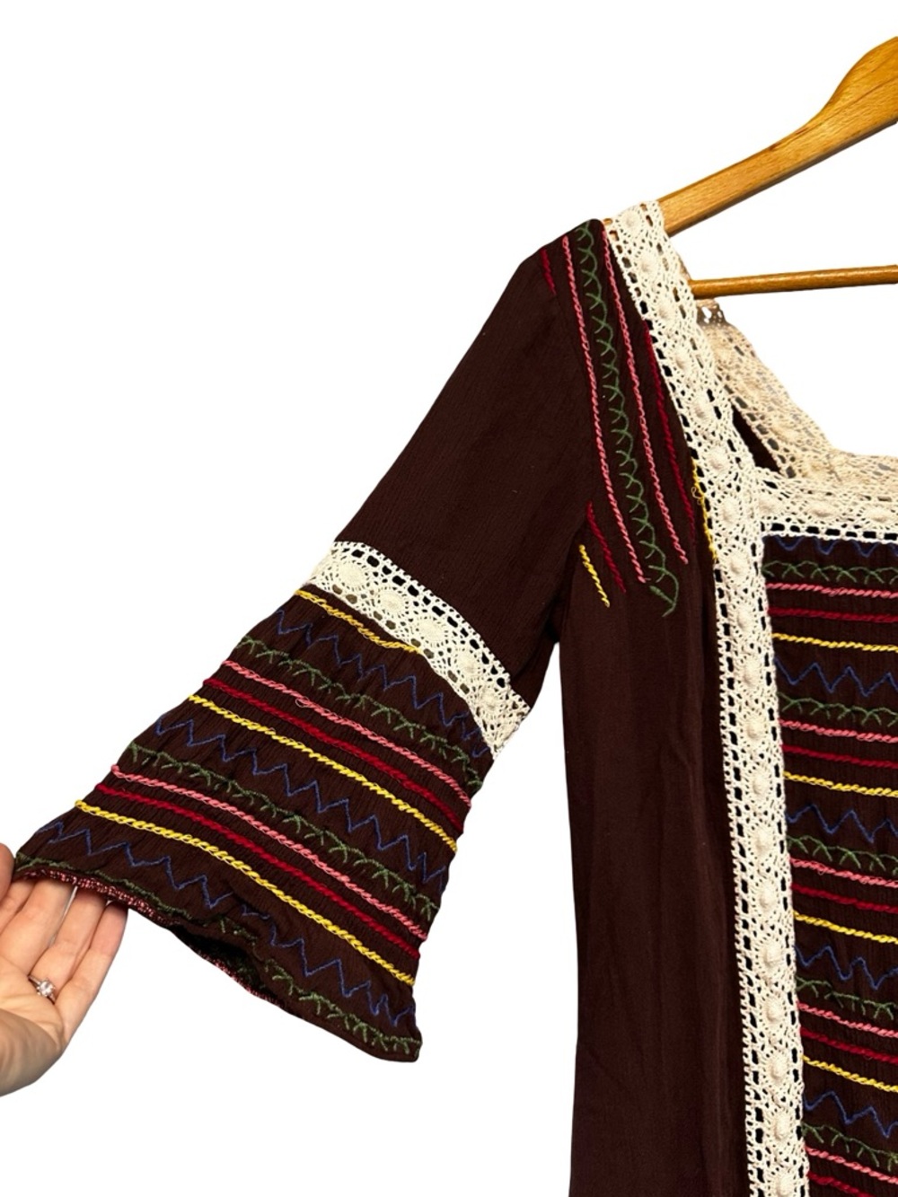 Judith March Boho Embroidered Mini Dress Sz S Brown Lace Peasant Sleeve Festival - Picture 5 of 10